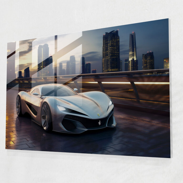 Ferrari Cam Tablo - Yüksek Teknoloji Şehir Manzarasında Gelecekten Gelen Gümüş Araba