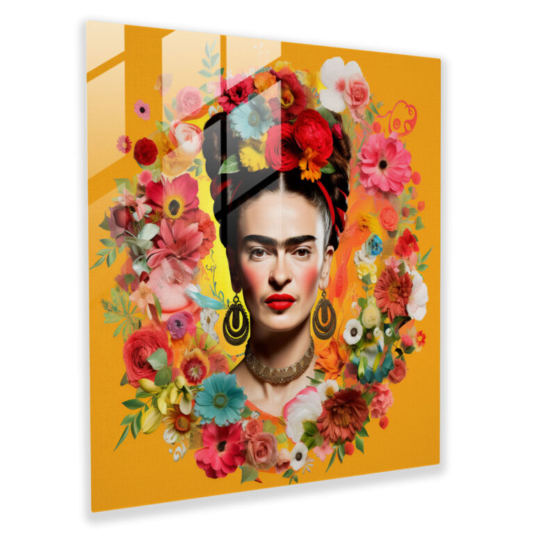 Frida'nın Bilgelik Cam Tablosu - Frida Kahlo Çiçek Motifleri Cam Sanatı Duvar Dekorasyonu