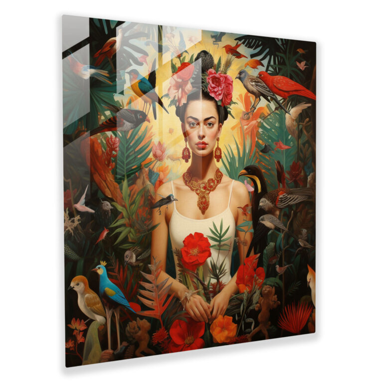 Büyüleyici Vaha Cam Tablo - Frida Kahlo Egzotik Hayvanlar Güzellik