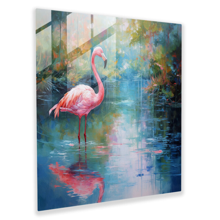 Huzurlu Sular Flamingo Cam Tablo - Flamingo İzlenimci Resim Cam Sanatı