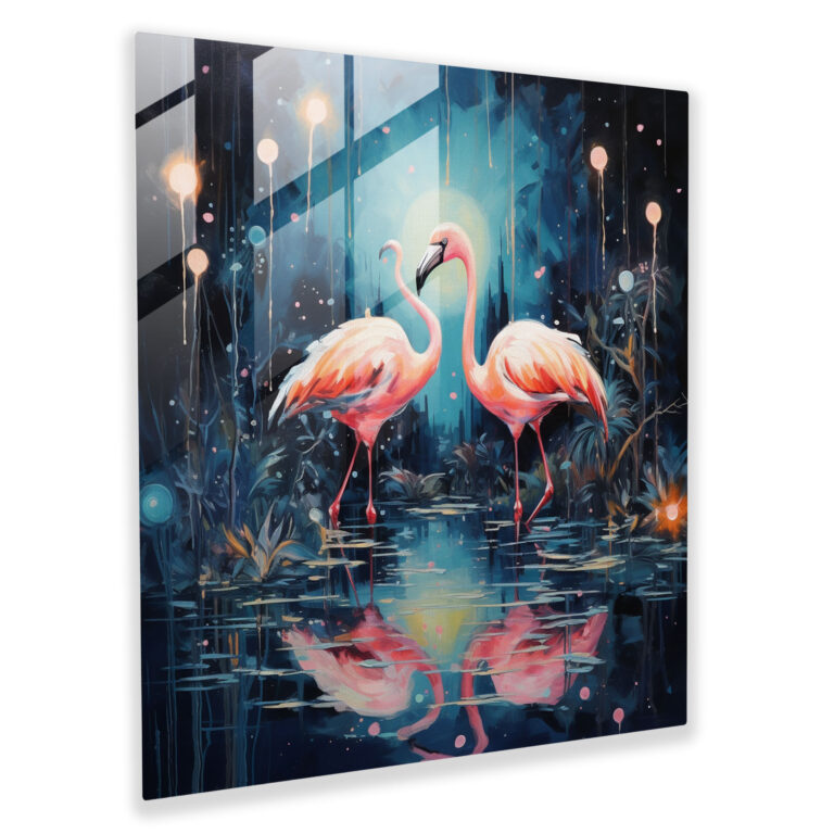 Flamingo Ay Işığında Cam Tablo - Flamingo Cam Sanatı Ay Işığında