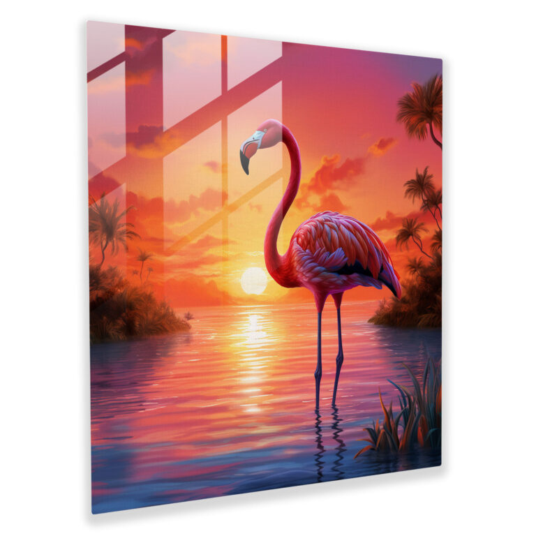 Egzotik Günbatımı Flamingo Cam Tablo - Modern Sanat Canlı Renkler Flamingo