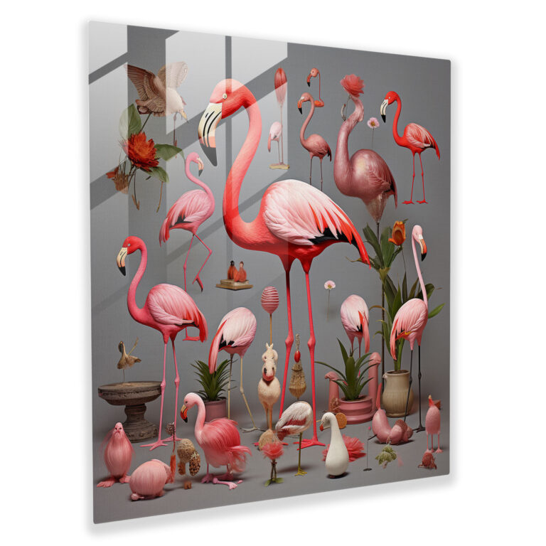 Capricious Flamingo Kolaj Cam Tablo - Flamingo Cam Sanatı Capricious Kolaj Modern Sanat