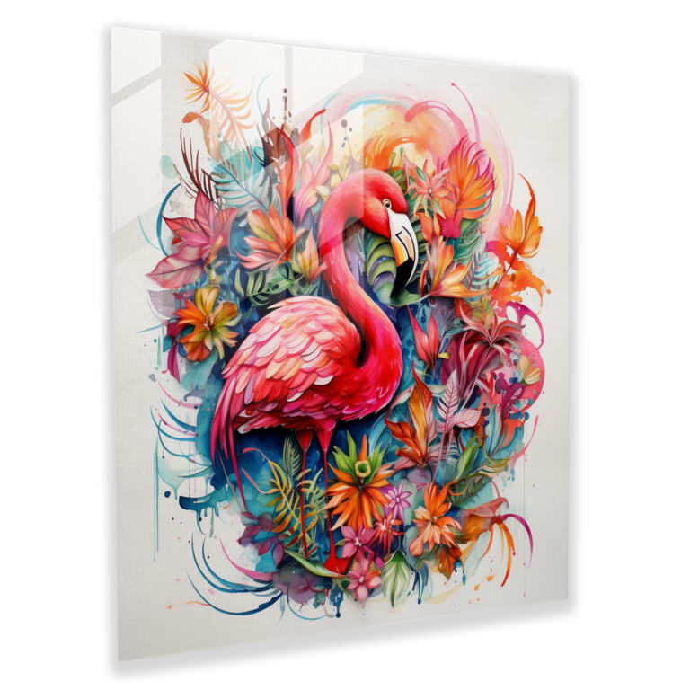 Flamingo Cenneti Cam Tablo - Flamingo Cam Tablo Tropikal Çiçekler Cam Duvar Sanatı