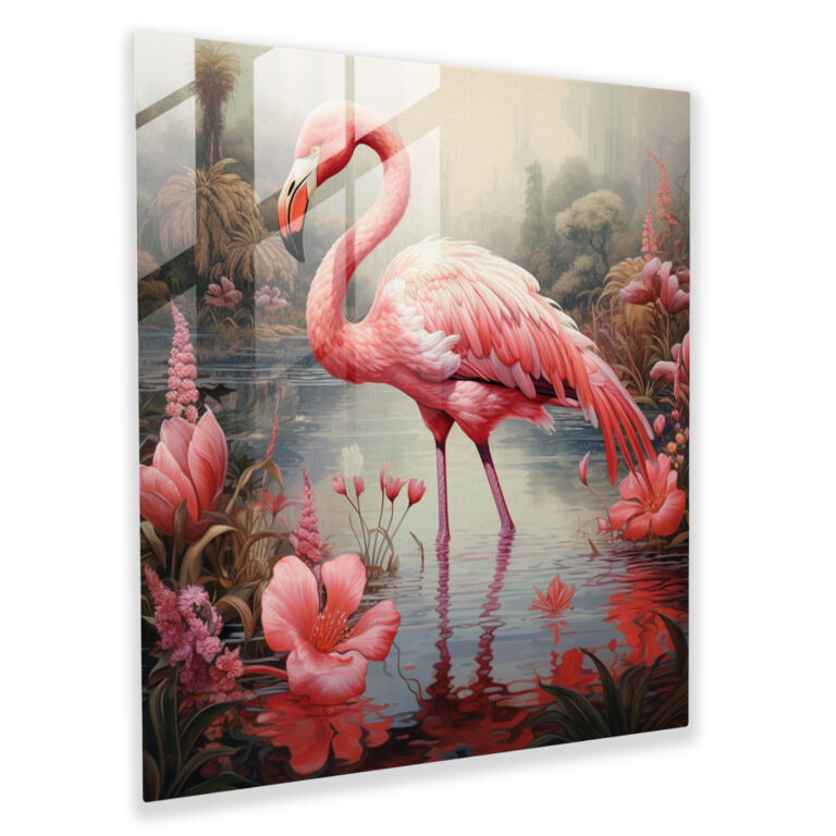 Huzurlu Gölet Flamingo Cam Tablo - Flamingo Huzurlu Gölet Ev Dekorasyonu Cam Duvar Sanatı