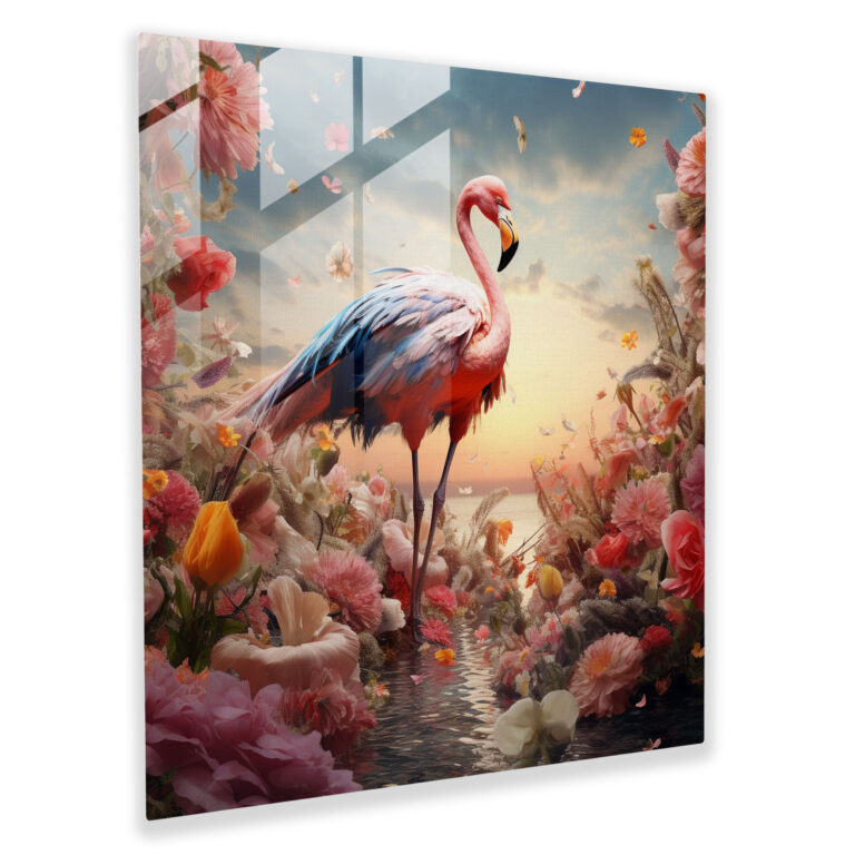 Sürreal Çiçek Kanatlı Flamingo Cam Tablo - Flamingo Cam Tablo Rüya Gibi Çiçekler