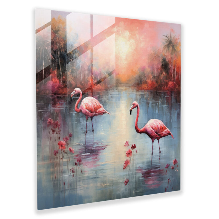 Huzurlu Manzara Flamingo Cam Tablo - Flamingo İzlenimci Resim Huzur Verici