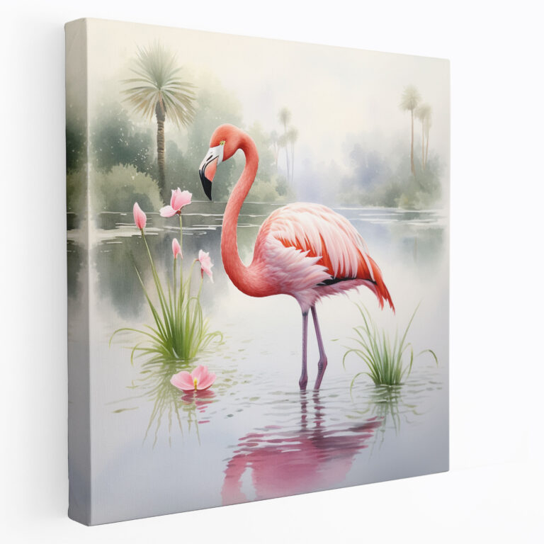 Flamingo Duvar Sanatı - Sakin Su Rengi Kanvas Tablo - Flamingo Kanvas Su Rengi