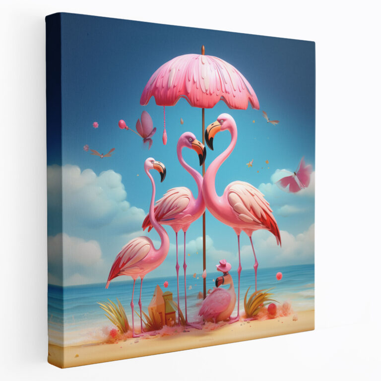 Plaj Ailesi Temalı Flamingo Duvar Sanatı - Kanvas Tablo Duvar Dekorasyonu Ev Dekorasyonu