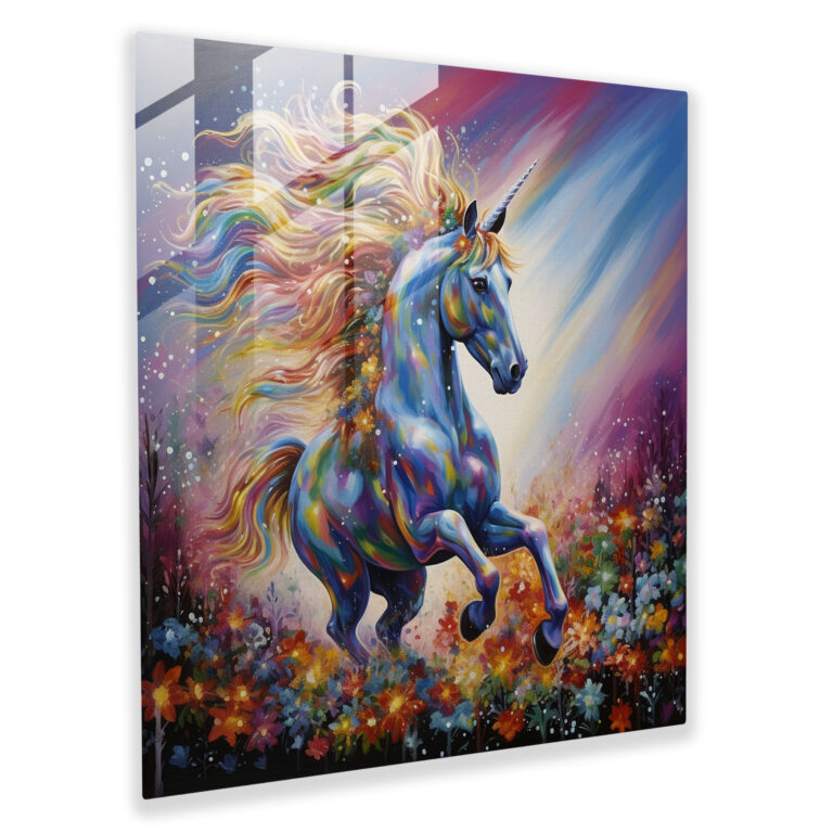 Parıltılı Gökkuzgunlu Unicorn Cam Tablo - Parıltı Unicorn Modern Sanat Cam Tablo