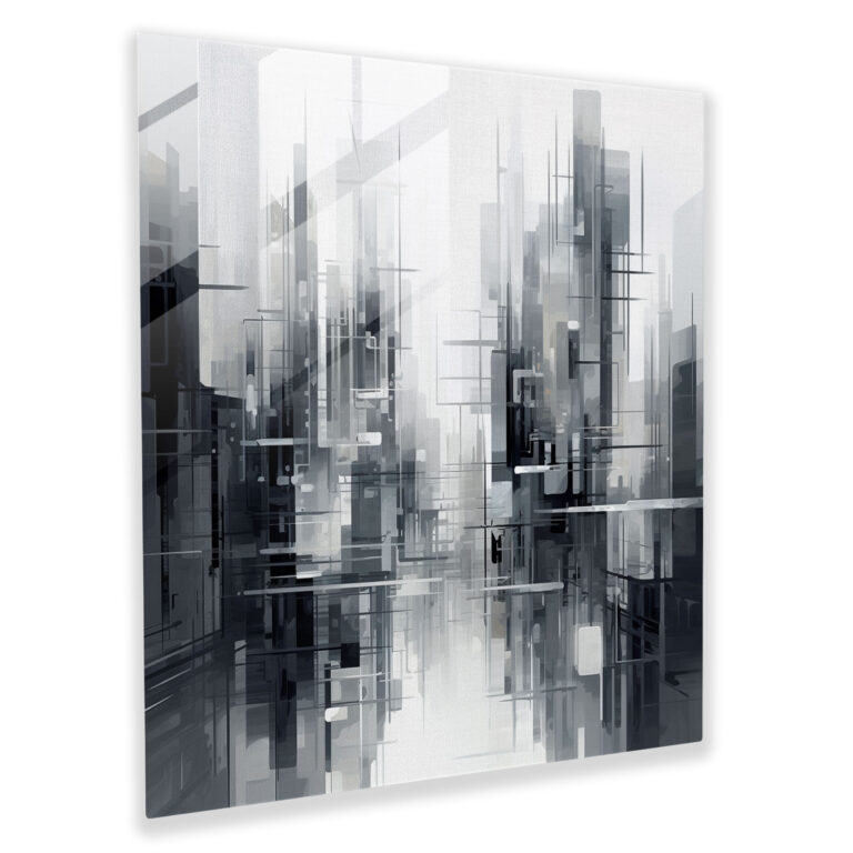Gri Metropolis Cam Tablo - Modern Sanat Soyut Şehir Manzarası Gelecek Odaklı Sanat