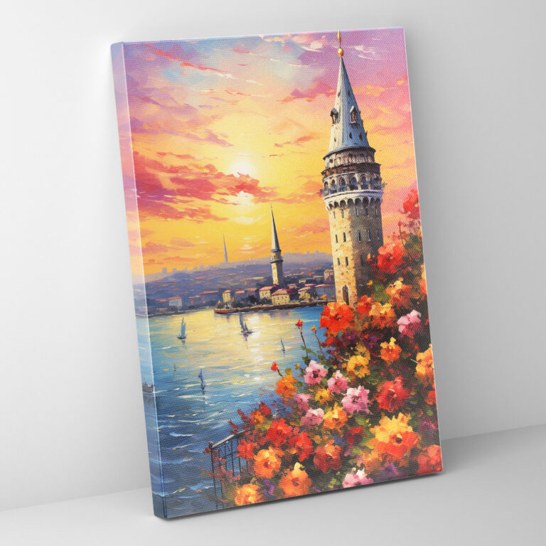 Galata Kulesi Duvar Dekorasyonu - Serin Günbatımı Canlı Çiçekler