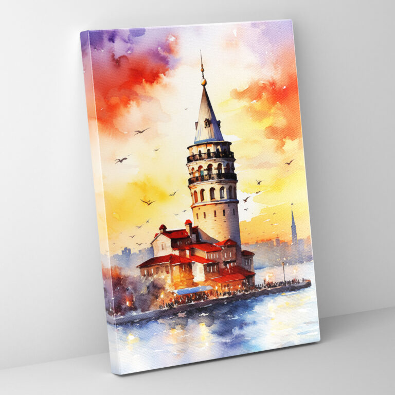 Galata Kulesi Kanvas Tablo - Galata Kulesi Günbatımı Ev Dekorasyonu Suluboya Resim