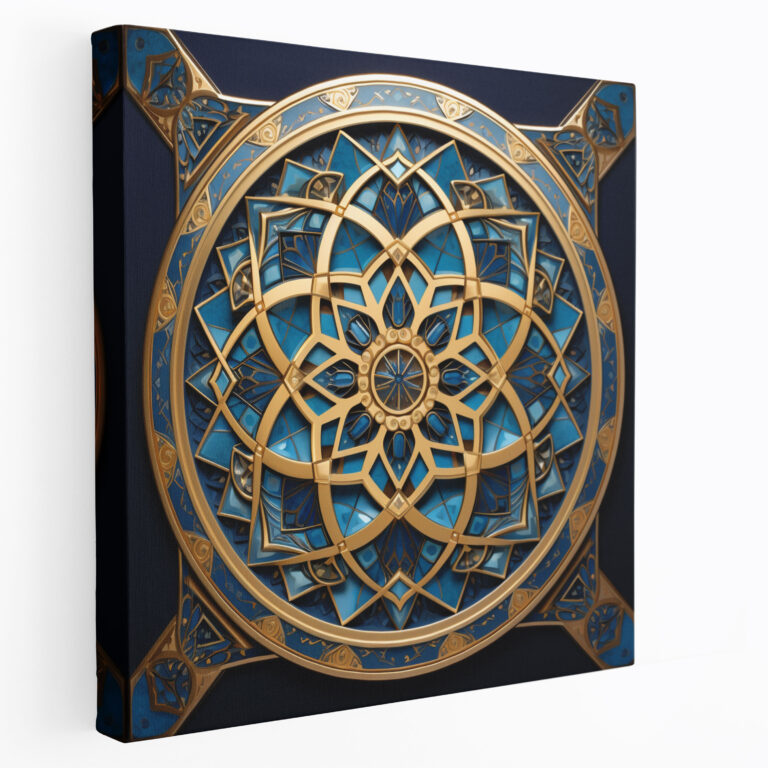 İslam Geometrik Sanat - Kutsal Kur'an Kanvas Tablo - Duvar Sanatı Altın ve Mavi İslam Geometrik Sanat