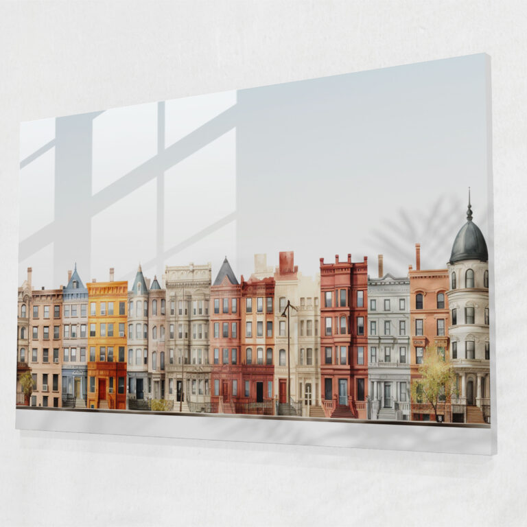 Harlem Cam Tablo Sanatı - Minimalist Şehir Manzaralı Cam Tablo - Harlem Duvar Dekorasyonu Kahverengi Taş Binalar Mimari Çekicilik
