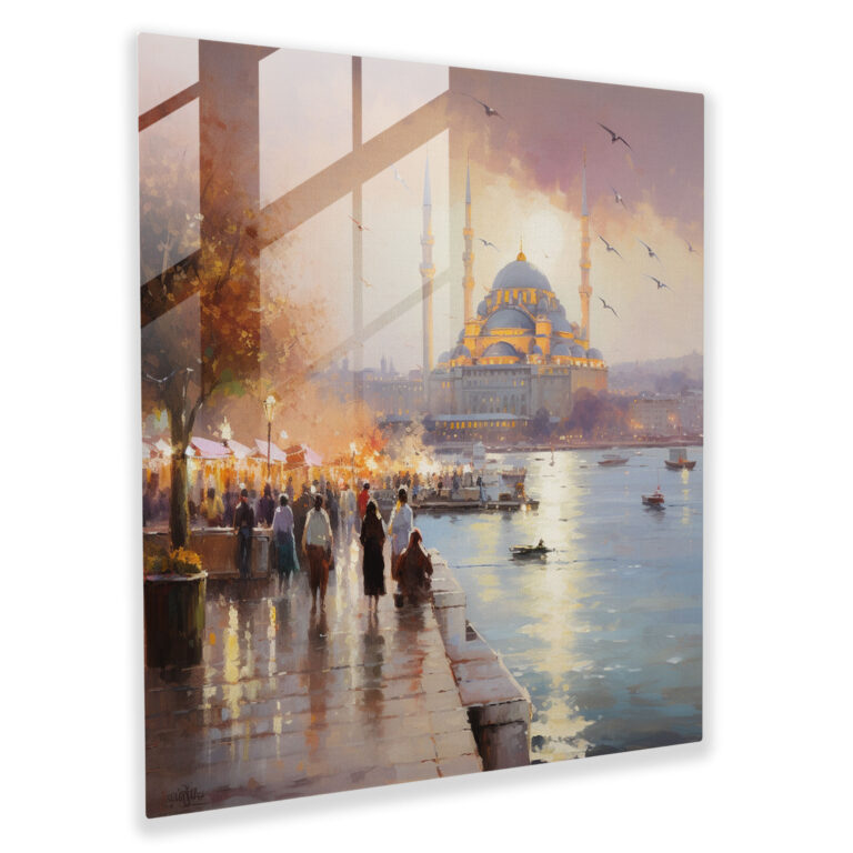 İstanbul'un Deniz Kenarının İzlenimci Sanat Eseri Cam Tablosu - Pastel Yansımalar