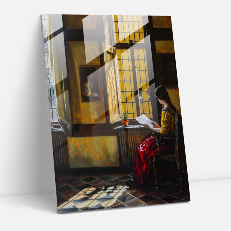 Johannes Vermeer Cam Tablo - Zarif İç Mekan Manzarası Cam Duvar Sanatı - Johannes Vermeer Ev Dekorasyonu Modern Sanat