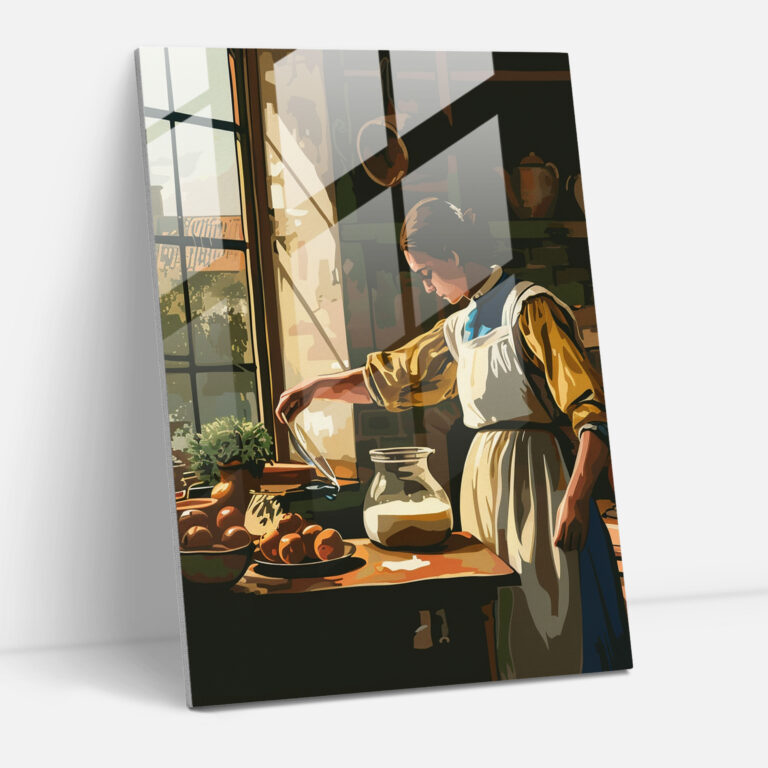Johannes Vermeer Cam Tablo Sanatı - Süt Döken Sütçü Kız - Ev Dekorasyonu Duvar Süsleme