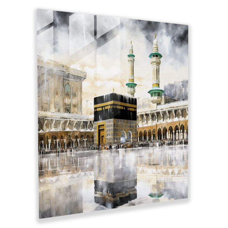 Geleneksel Cam Tablo - İslam Yazı Sanatı ile Kabe - Kabe İslam Mirası Detaylı İllüstrasyon
