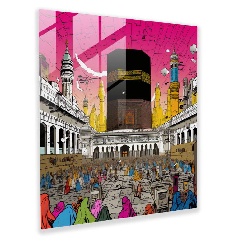 Kaaba Çizgi Roman Pop Sanat Cam Tablo - Pop Sanat Kaaba İllüstrasyon Cesur Renkler