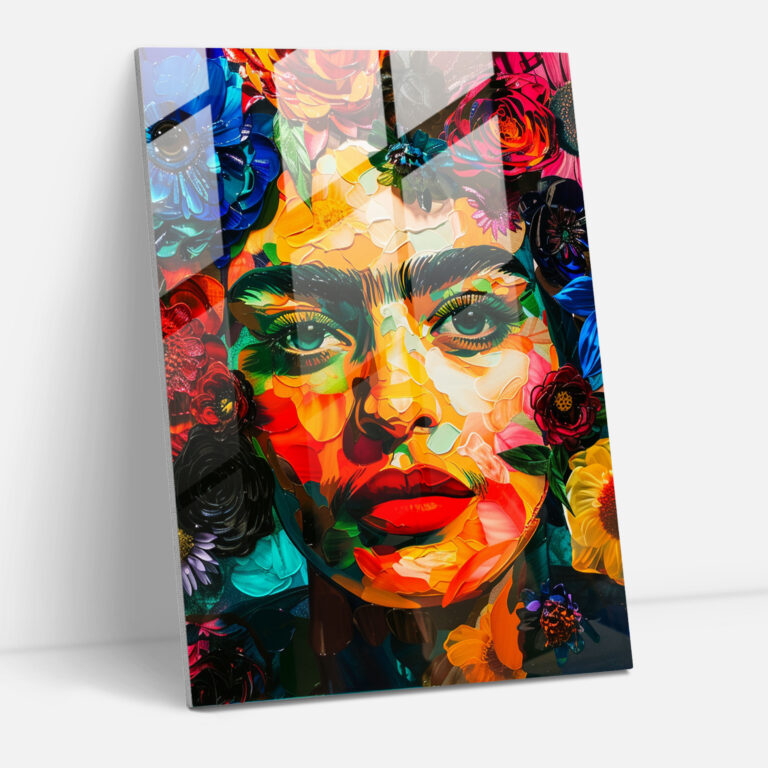 Çiçekli Fiesta Cam Tablo - Frida Kahlo Eserleri Renkli Cam Sanatı Cam Tablo