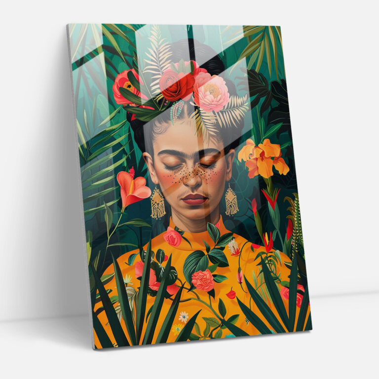 Frida Kahlo Tarzı Ev Dekorasyonu - Modern Sanat Çiçekli Saçlar Cam Tablo