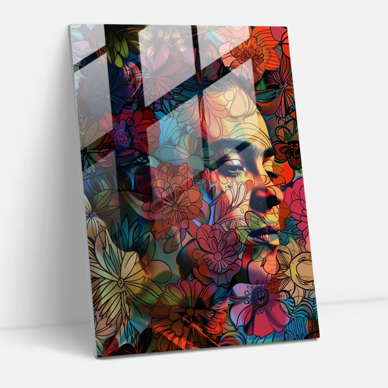 Frida Kahlo Tarzı Cam Duvar Sanatı - Frida Kahlo Eserleri Kendi Portresi Detaylı Çiçek Desenleri Frida Kahlo Tarzı