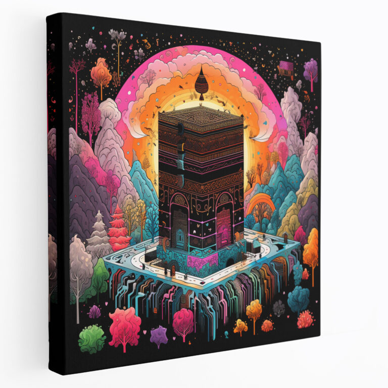 Kaaba Kanvas Tablo - Hand-Drawn Kaaba İllüstrasyonu Duvar Sanatı Renkli Desenler
