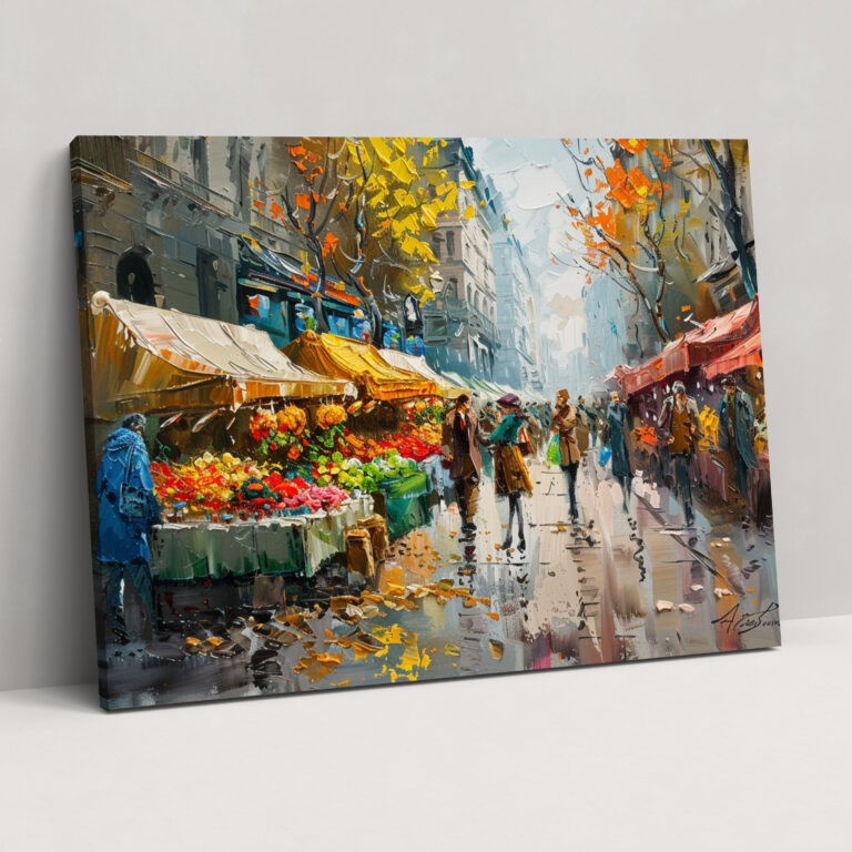 Canlı Caddede Pazar Manzarası Kanvas Tablo - Leonid Afremov Duvar Dekorasyonu Ev Dekorasyonu