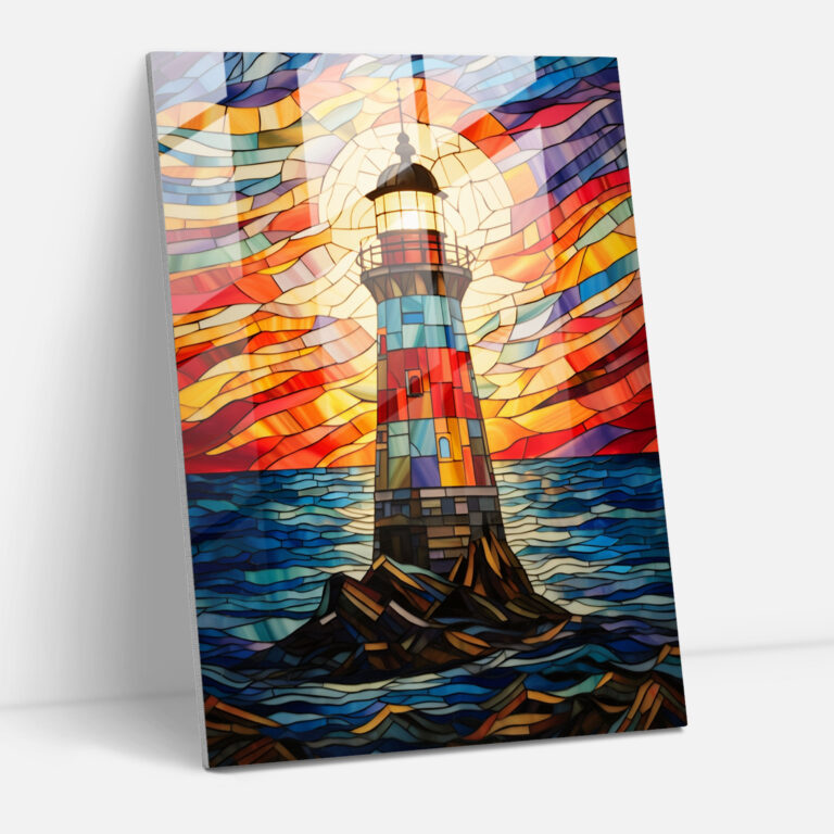 Renkli Deniz Feneri Stained Glass Duvar Sanatı - Renkli Deniz Feneri - Deniz Feneri Işık Demetleri Renkli Paneller Cam Sanatı