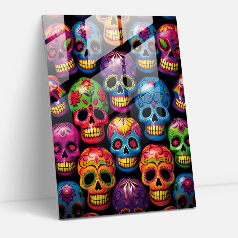 Los Muertos Pop Art Cam Tablo - Modern Sanat Duvar Dekorasyonu Renkli Şeker Kafatasları