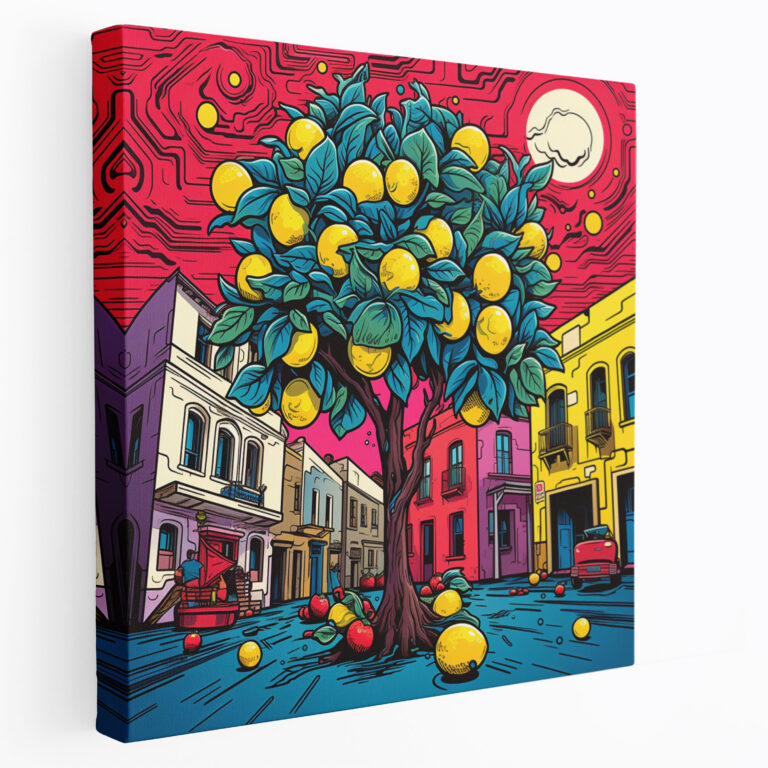 Pop Art Limon Ağacı Duvar Sanatı - Canlı Çizgi Roman Tarzı Elemanlarla Limon Ağacı Ev Dekorasyonu