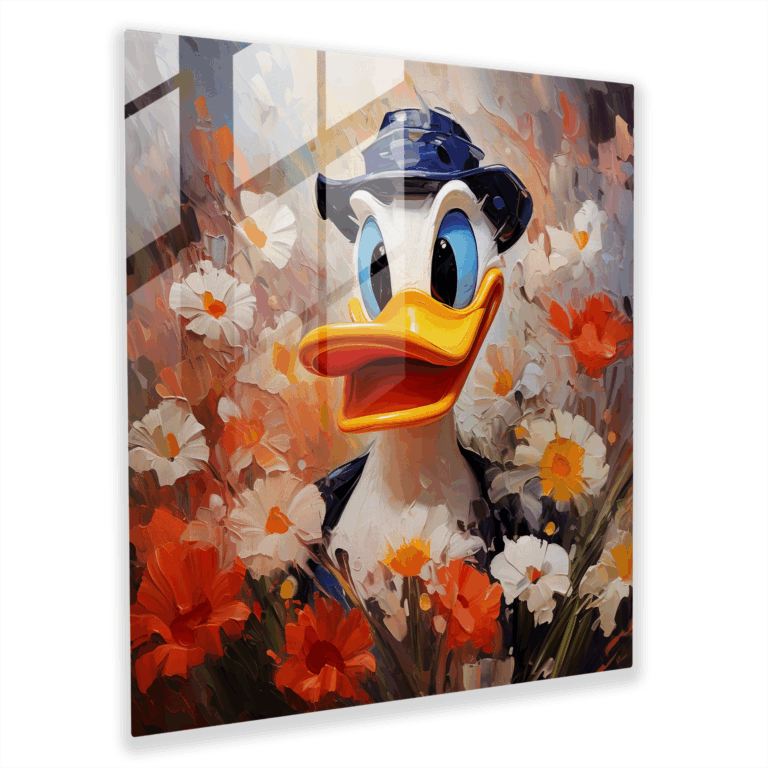 Çiçeklerle çevrili Daffy Duck'un İzlenimci Tablosu - Ev Dekorasyonu için Cam Tablo