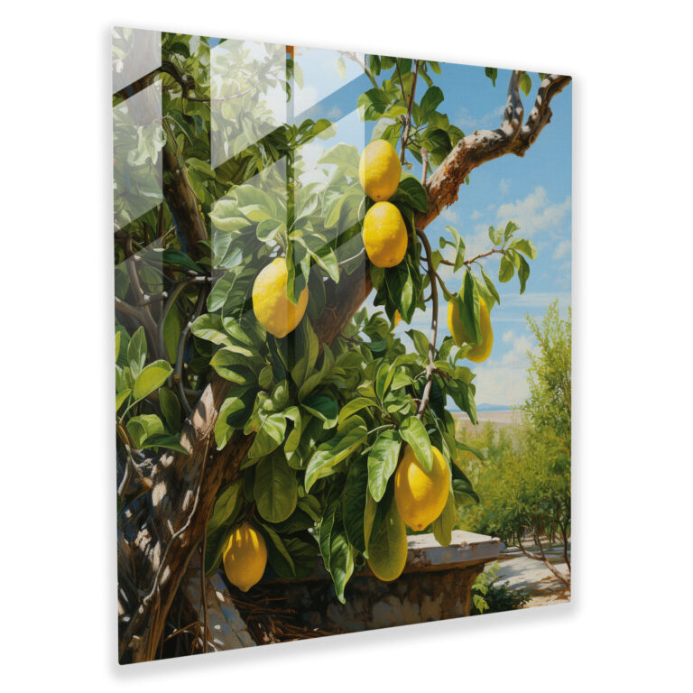 Canlı Limon Ağacı Cam Tablo - Limon Ağacı Ev Dekorasyonu Cam Sanatı Tam Çiçek Açmış