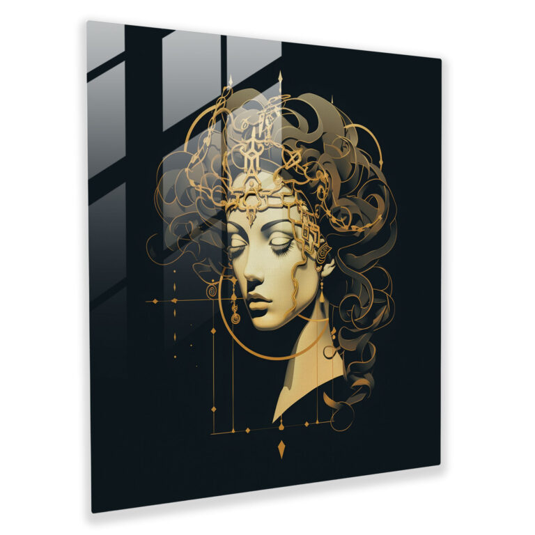 Altın Geometrik Medusa Cam Tablo - Medusa Cam Sanatı Minimalist Duvar Dekorasyonu
