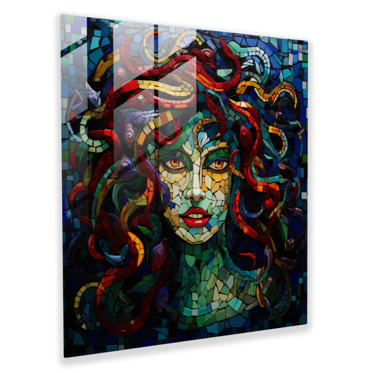 Renkli Cam Parçalarından Oluşan Mozaik Portre - Medusa Cam Sanatı Cam Duvar Sanatı Antik Sanat Ustalığı