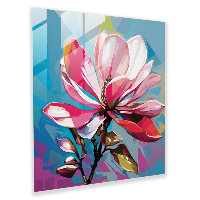 Canlı Renklerle Popüler Magnolia Cam Tablo - Magnolia Çiçeği Canlı Renkler Cesur Grafik Tarzı Cam Duvar Sanatı