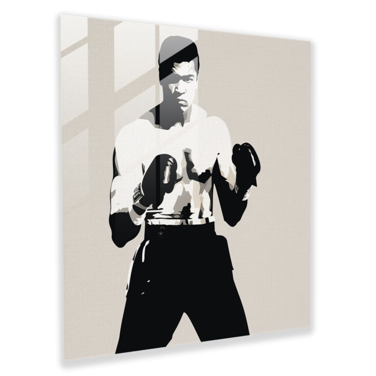 Muhammad Ali Minimalist Siyah ve Beyaz Cam Tablo - Muhammad Ali Cam Duvar Sanatı Ev Dekorasyonu