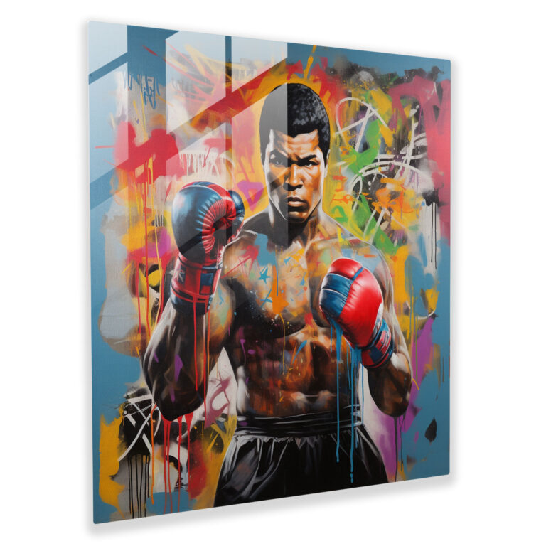 Muhammad Ali Graffiti Cam Tablo - Canlı Renklerle Muhammed Ali Ev Dekorasyonu Cam Sanatı