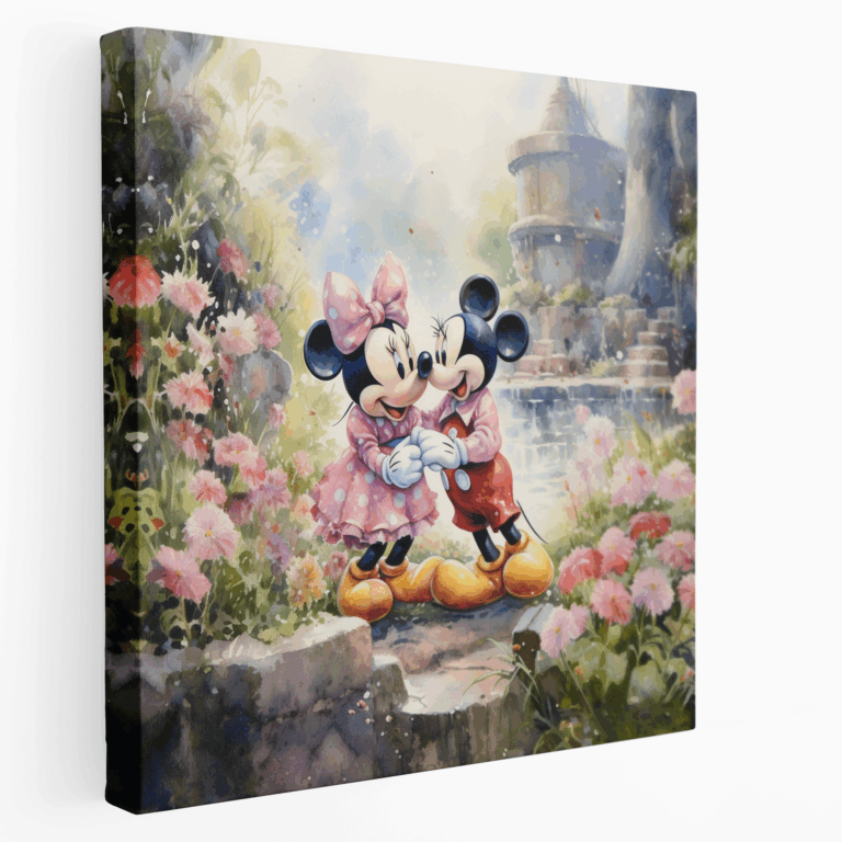 Romantik Bahçe Mickey ve Minnie Sulu Boya Kanvas Tablo