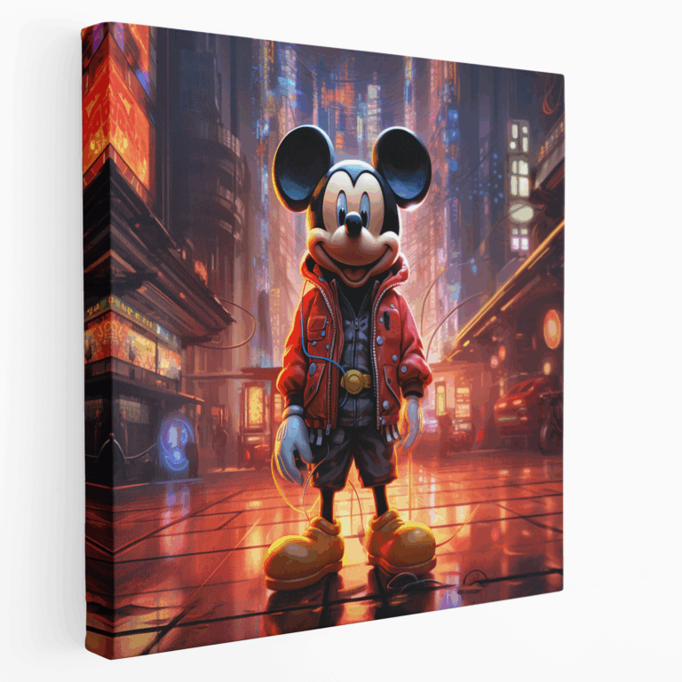 Neon Şehir Manzaralı Mickey Mouse Gelecekçi Kanvas Tablo