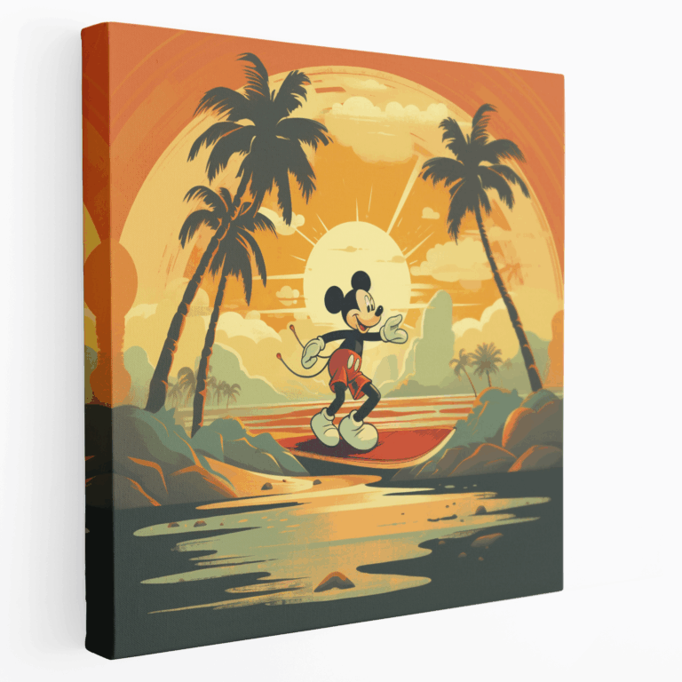 Retro Sörf Yapan Mickey Mouse Kanvas Tablo