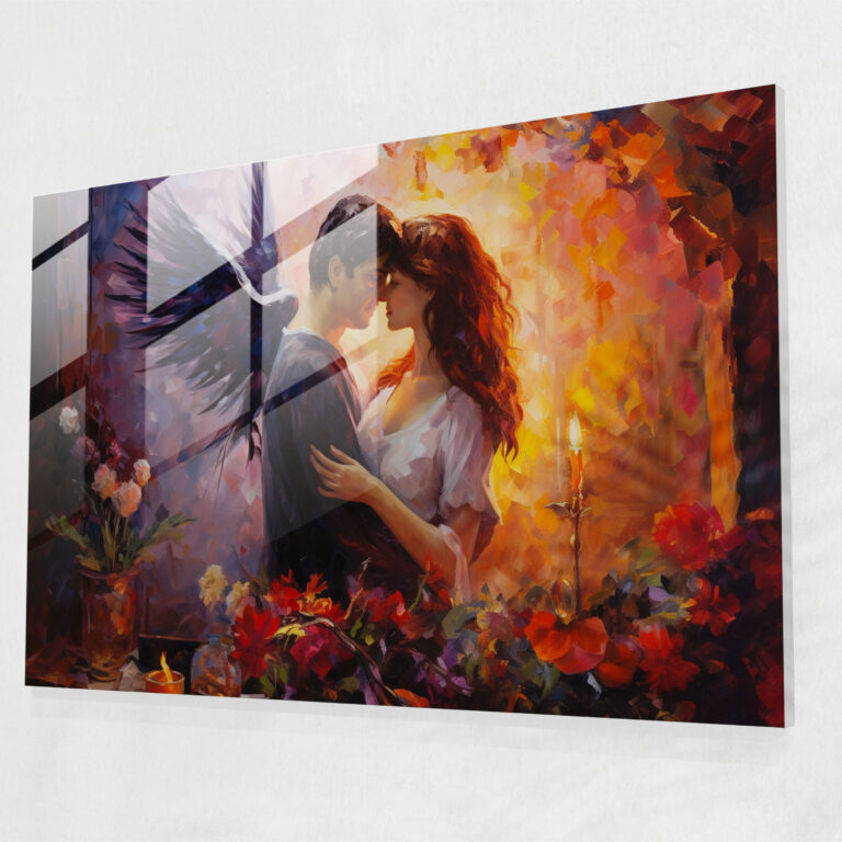 Mitoloji Cam Tablosu: Romantik Öpücük - Aşk Romantizm Modern Sanat