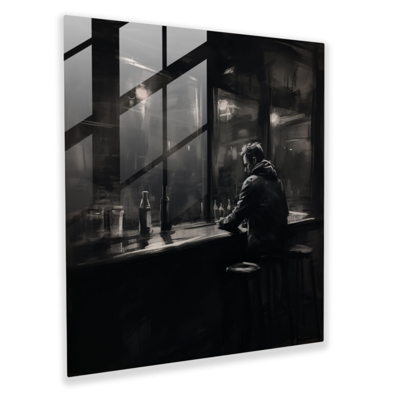Nighthawks Cam Tablo - Sessiz Bir Figür Kısık Işıklı Bir Barda - Gece Kuşları Karakalem Çizim Cam Tablo Cam Duvar Sanatı