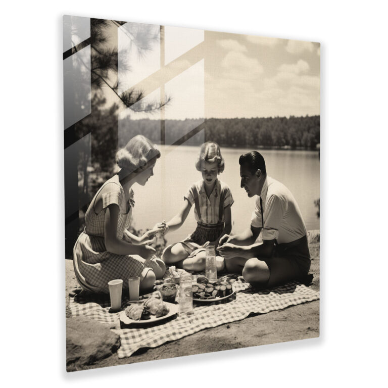 Nostaljik Aile Pikniği Cam Tablo - Nostalji Cam Duvar Sanatı Duvar Dekorasyonu Aile Pikniği