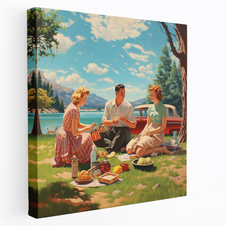 Nostaljik Retro Tarzı İllüstrasyonlu Kanvas Tablo - Aile Pikniği - Aile Pikniği Kanvas Duvar Sanatı