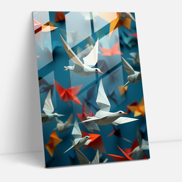 Origami Cam Tablo - Uçan Kuşlar - Duvar Dekorasyonu Özgürlük Zarafet