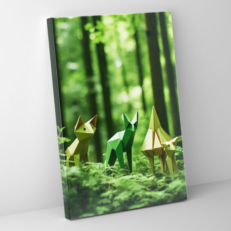 Origami Hayvanlar Kanvas Tablo - Yeşil Orman Temalı Origami Hayvanlar