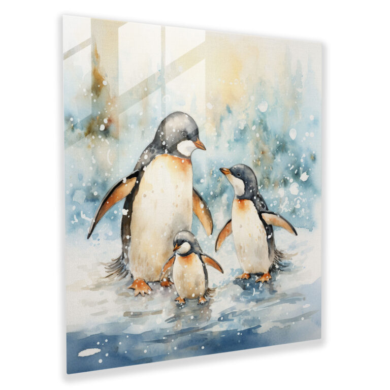 Penguen Cam Tablo - Hüzünlü Suluboya İllüstrasyon Ev Dekorasyonu - Penguen Modern Sanat Penguen Ailesi Kar
