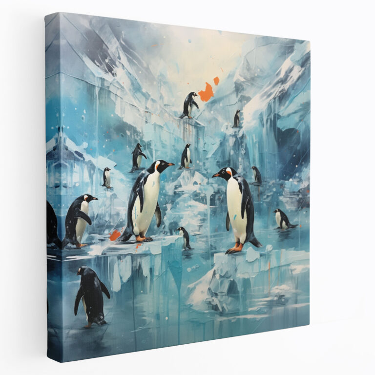 Penguen Kanvas Tablo - Oynak Penguenler Buz Üzerinde - Ev Dekorasyonu için